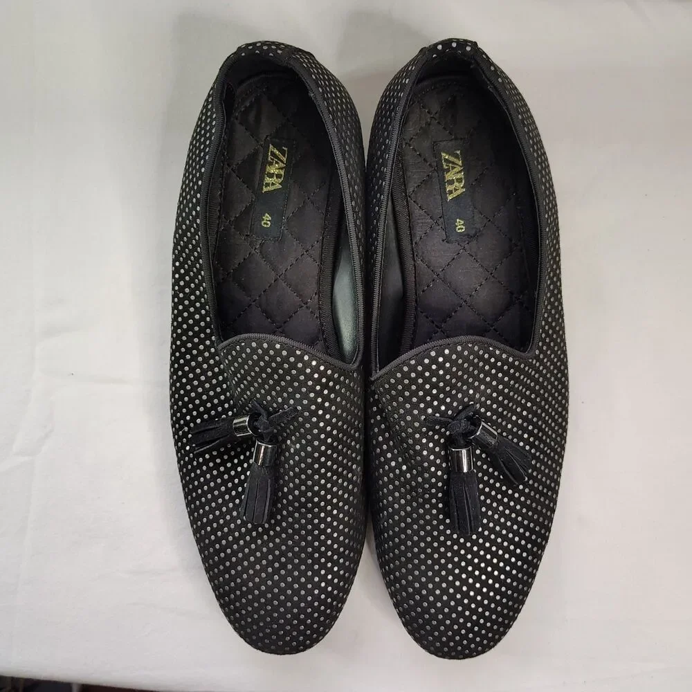 ZARA Men’s Black Polka Dot Tassel Loafers Size EU 40 Slip On Dress Shoes US 7